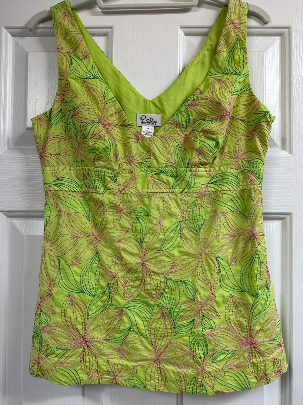 Vintage Lilly Pulitzer Embroidered Floral Top White Label V-Neck 100% Cotton
